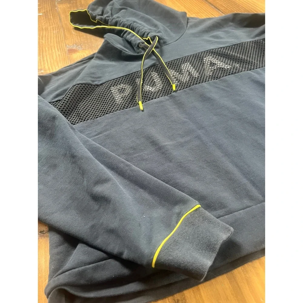 Puma‎ Womens XL Black Mesh Logo Hoodie Neon Yellow Accents Activewear Pullover